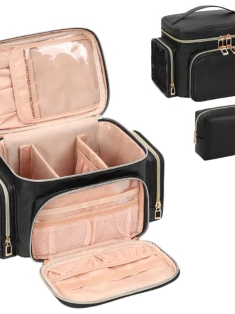 2 Pc Travel Makeup Bag Set PU Leather Cosmetic Organizer w Brush Compartment